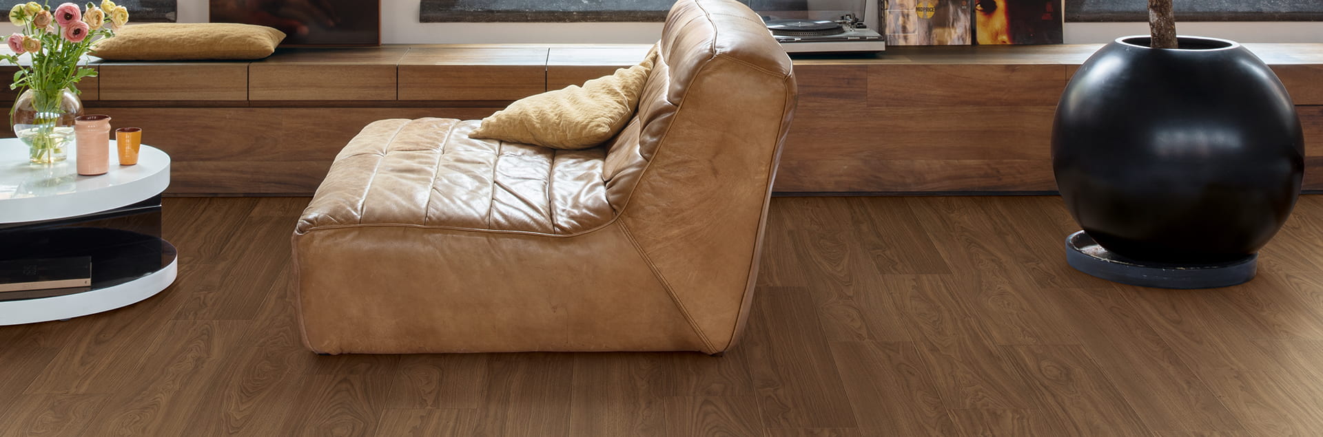 Laminate walnut flooring in living room